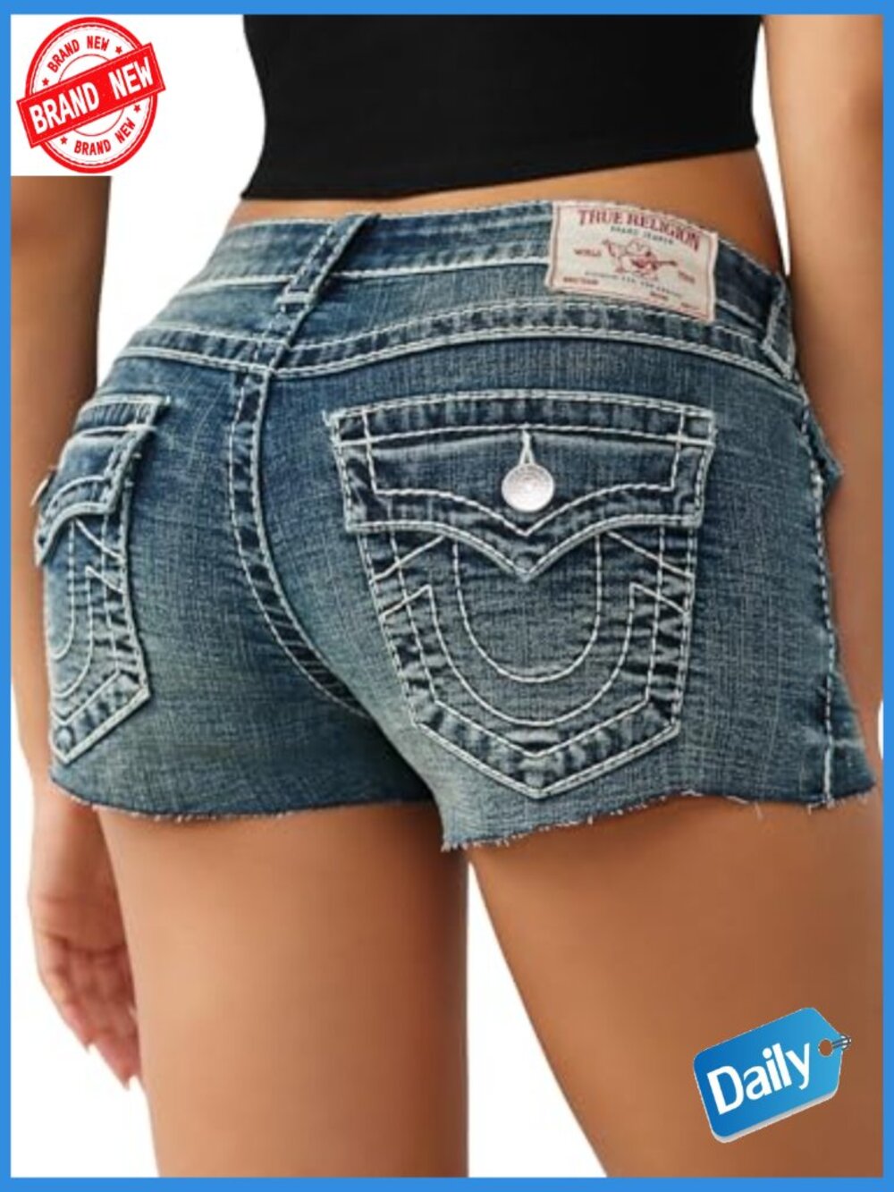 Low Rise Denim Shorts with Raw Hem and Back Flap Pockets - Picture 4 of 7